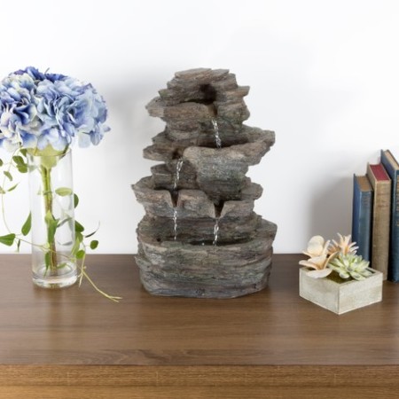 NATURE SPRING Tabletop Water Fountain with Cascading Rock and LED Lights, Tiered Stone, for Office / Home 641935VNZ